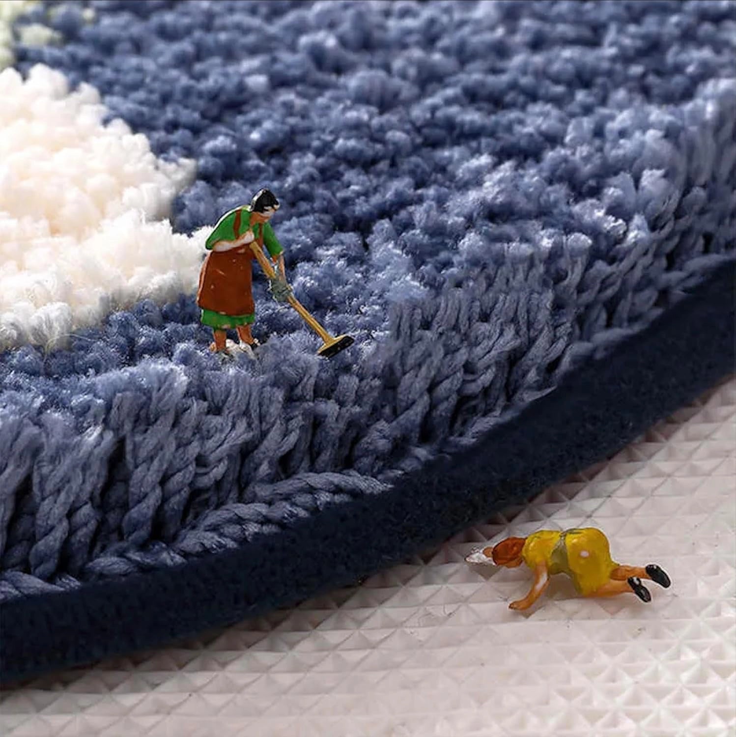 close-up of blue microfiber door mat showing dense plush fibers and soft texture
