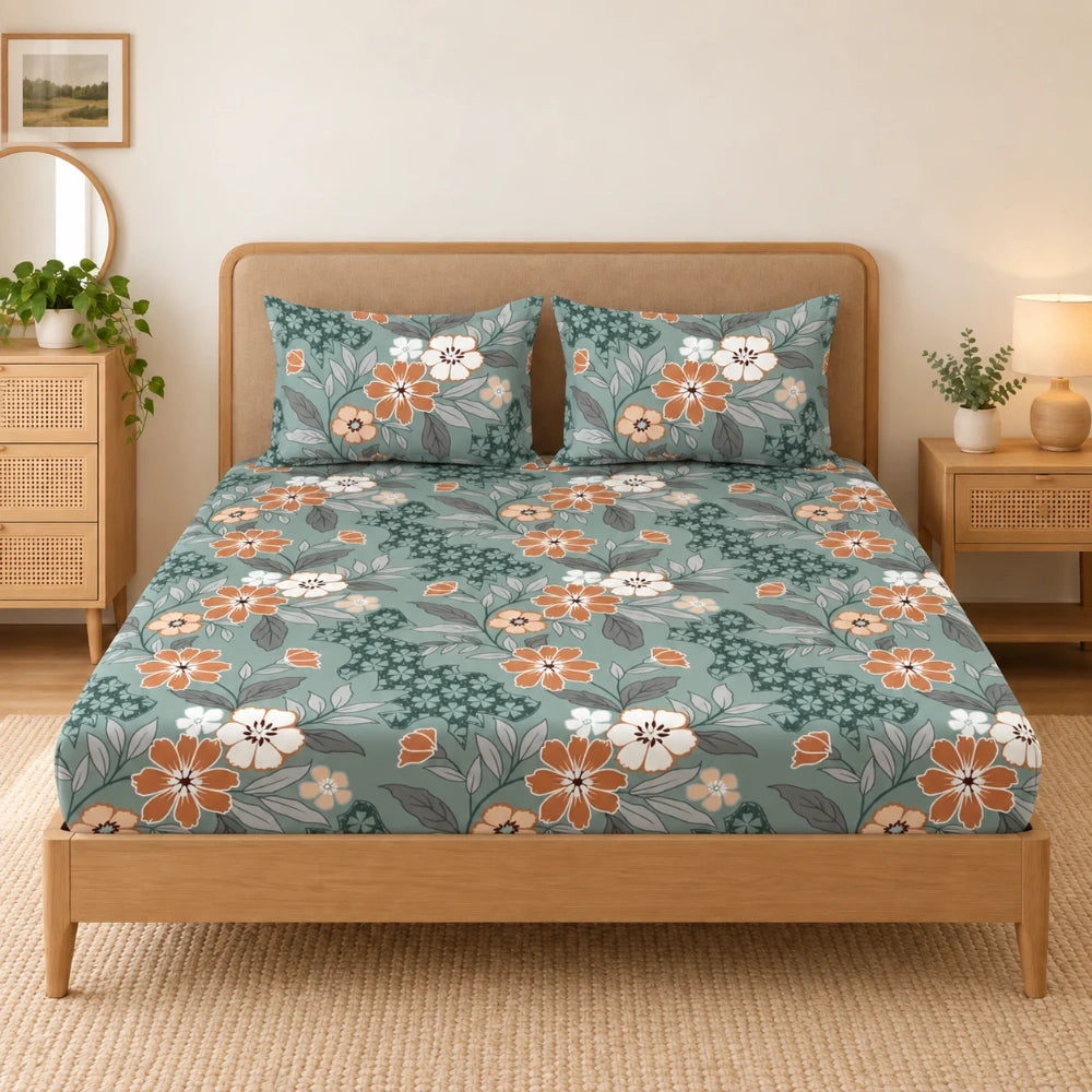 Flora Noir - Queen/Double - Fitted Bedsheet (76×72 inches)