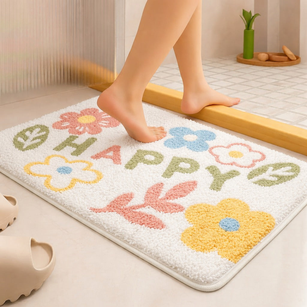 Happy microfiber door mat with colorful floral design placed on bathroom floor