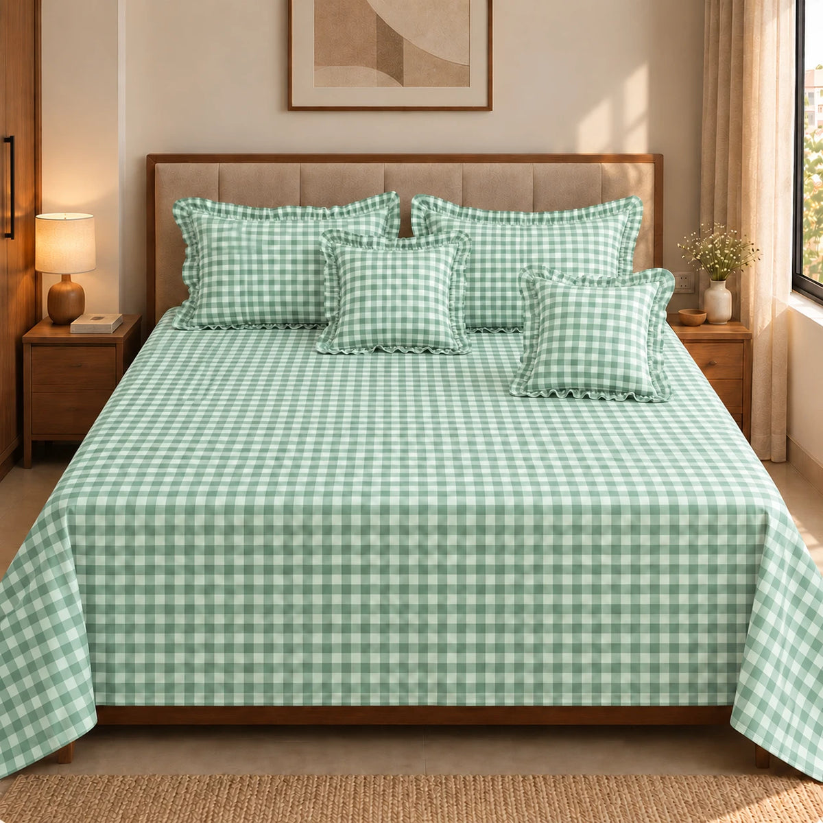 Juliette Sage - 5 Pieces - Ruffle Frill Bedding Set (90 x 100 inches)
