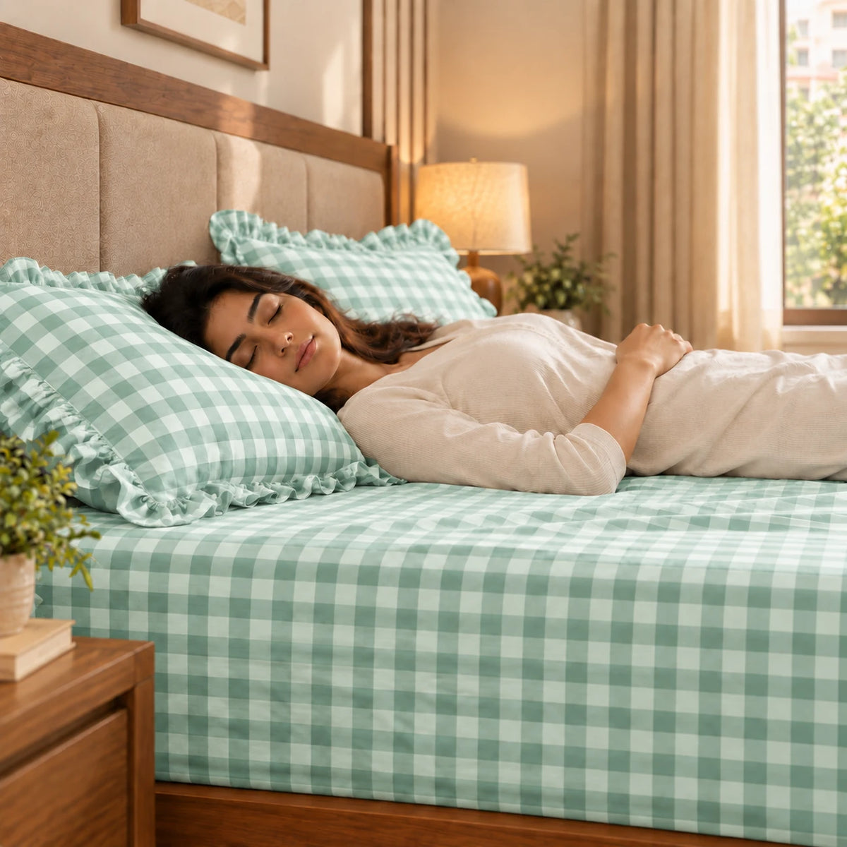 Juliette Sage - 5 Pieces - Ruffle Frill Bedding Set (90 x 100 inches)