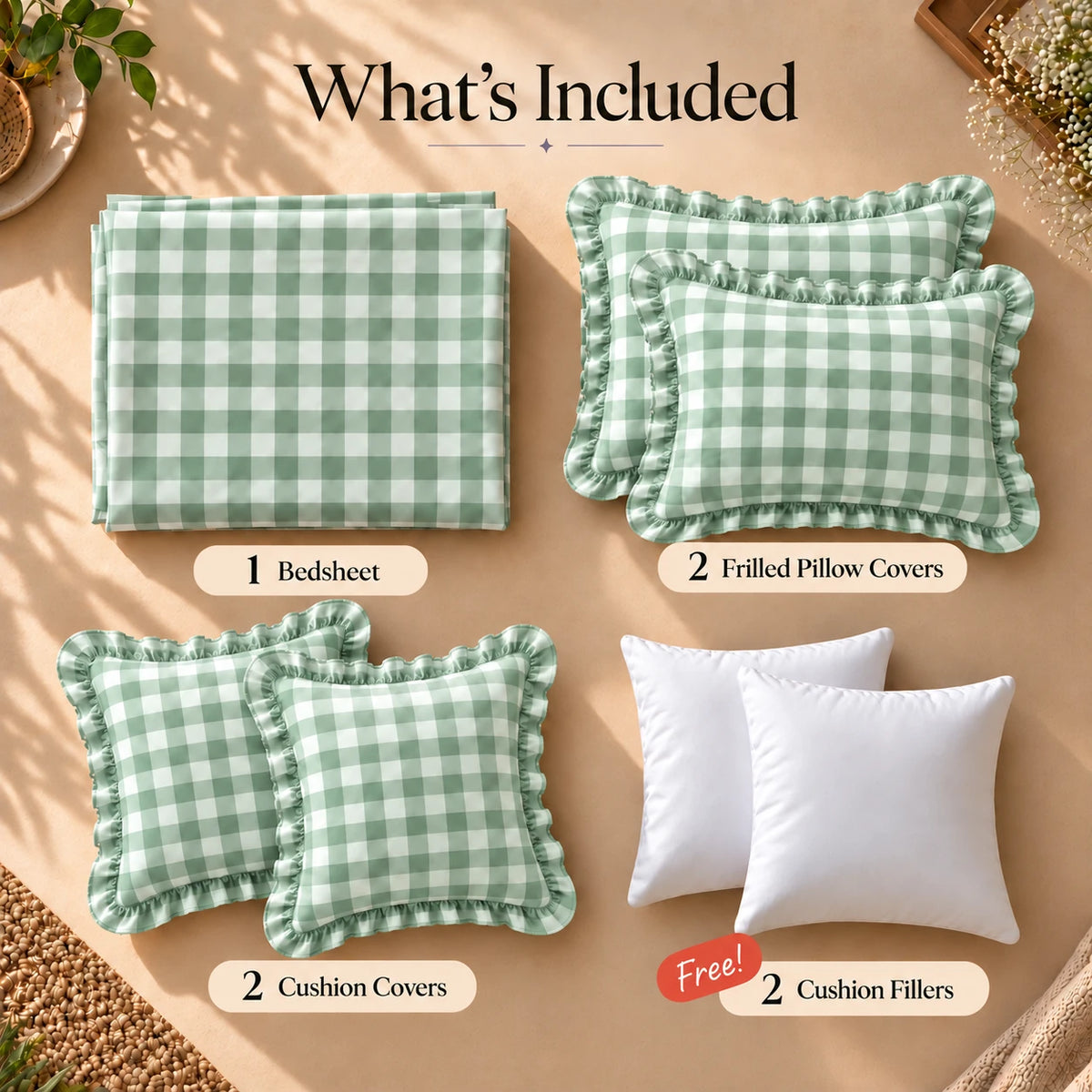 Juliette Sage - 5 Pieces - Ruffle Frill Bedding Set (90 x 100 inches)