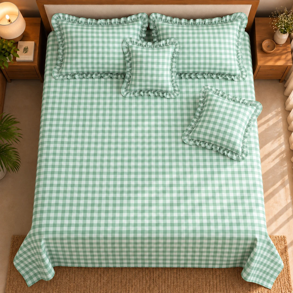 Juliette Sage - 5 Pieces - Ruffle Frill Bedding Set (90 x 100 inches)