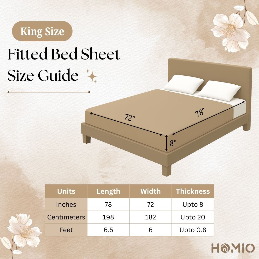 King size fitted bed sheet size guide with a bed illustration and dimensions.