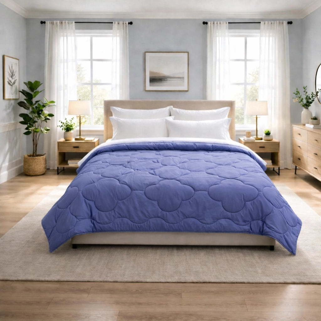 Reversible double bed comforter Lilac and Lagoon clover pattern styled on double bed in modern bedroom