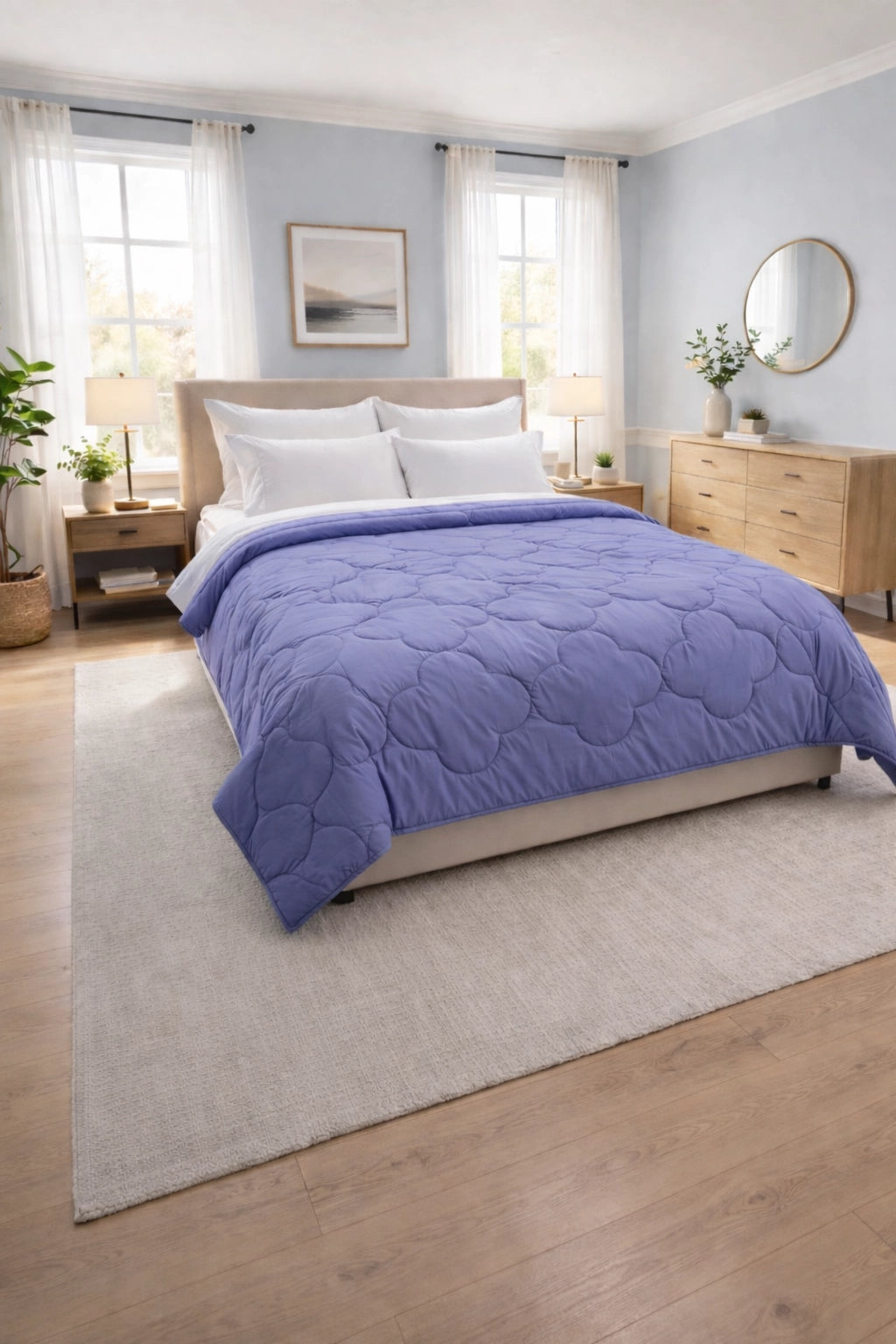 Folded reversible double bed comforter in Lilac and Lagoon colour combination