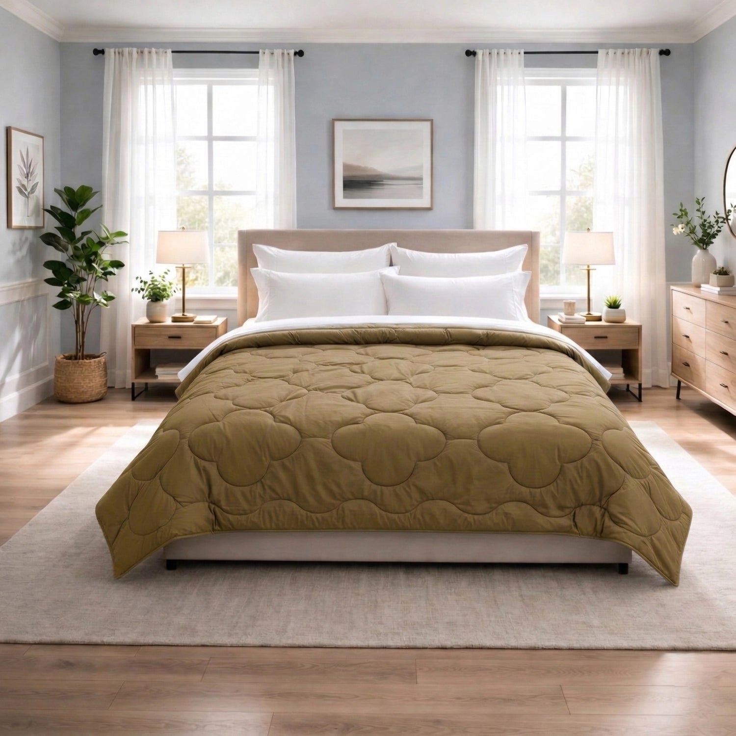 Mustard and Crème clover quilt reversible comforter spread neatly over double bed in modern bedroom