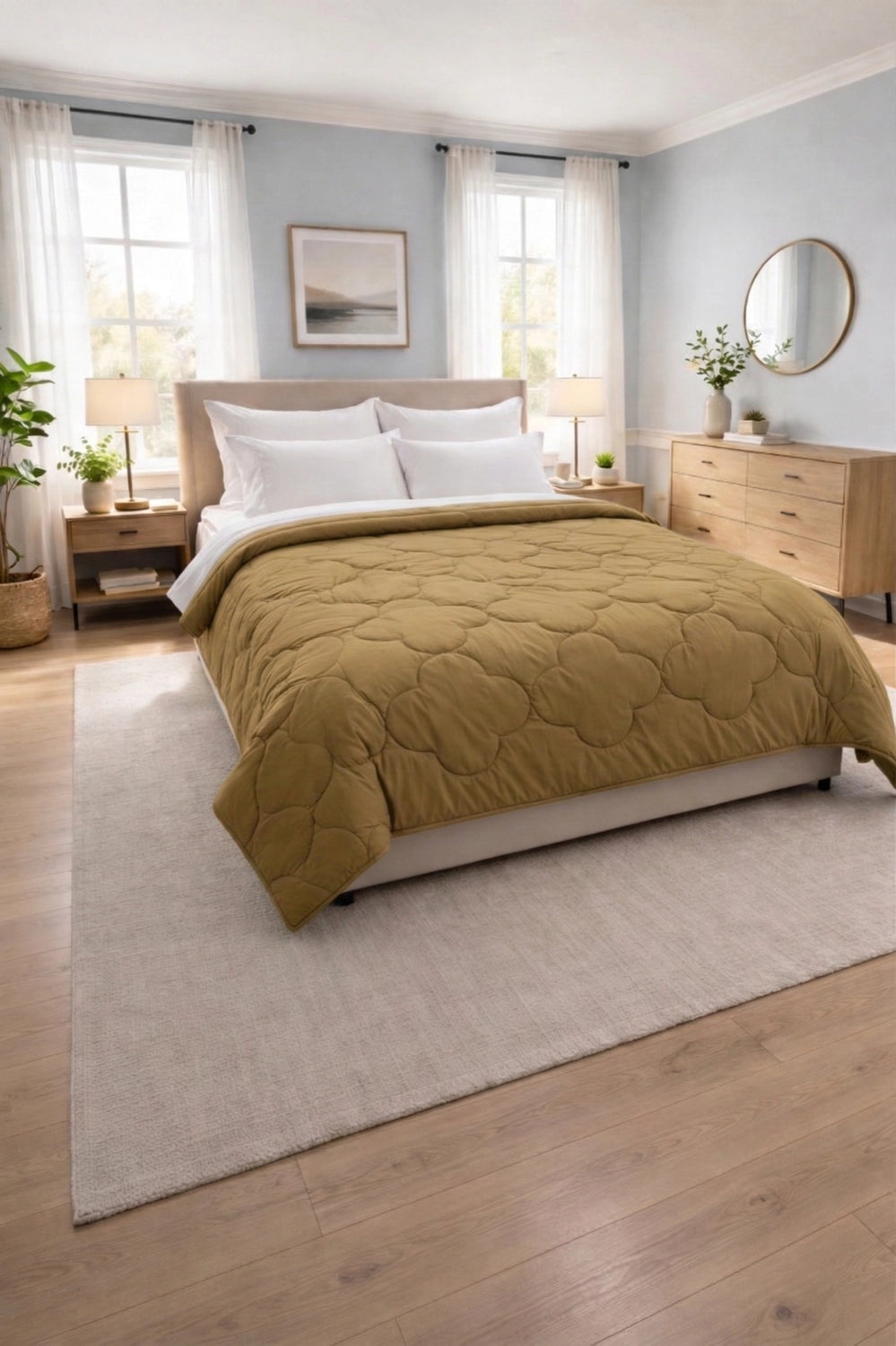 Stacked folded reversible comforter in warm Mustard and Crème shades