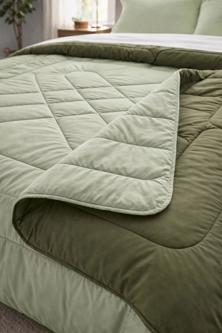 Reversible Double Bed Comforter - Olive & Sage (Diamond)
