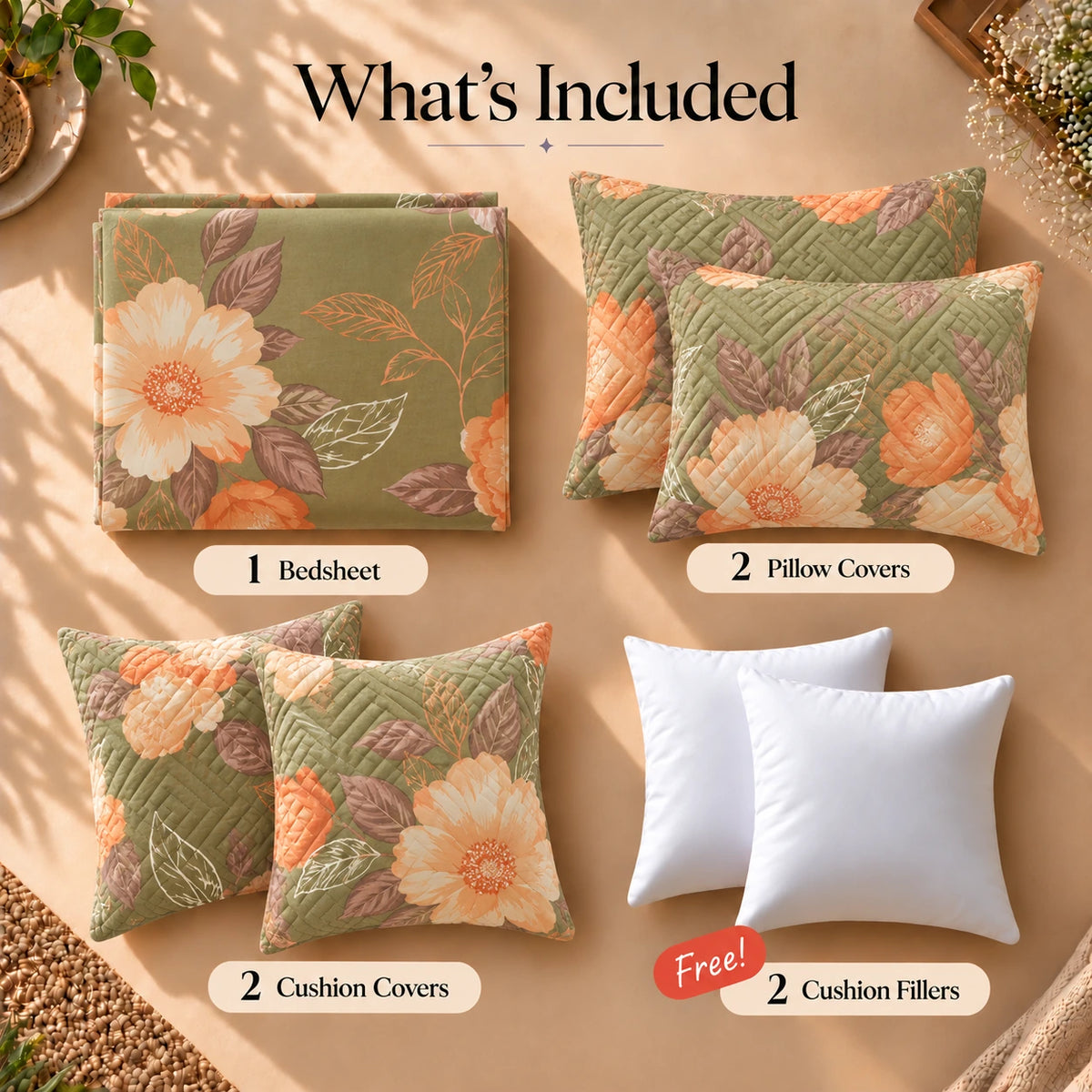 Olivia - 5 Pieces - Quilted Bedding Set (90 x 90 inches)