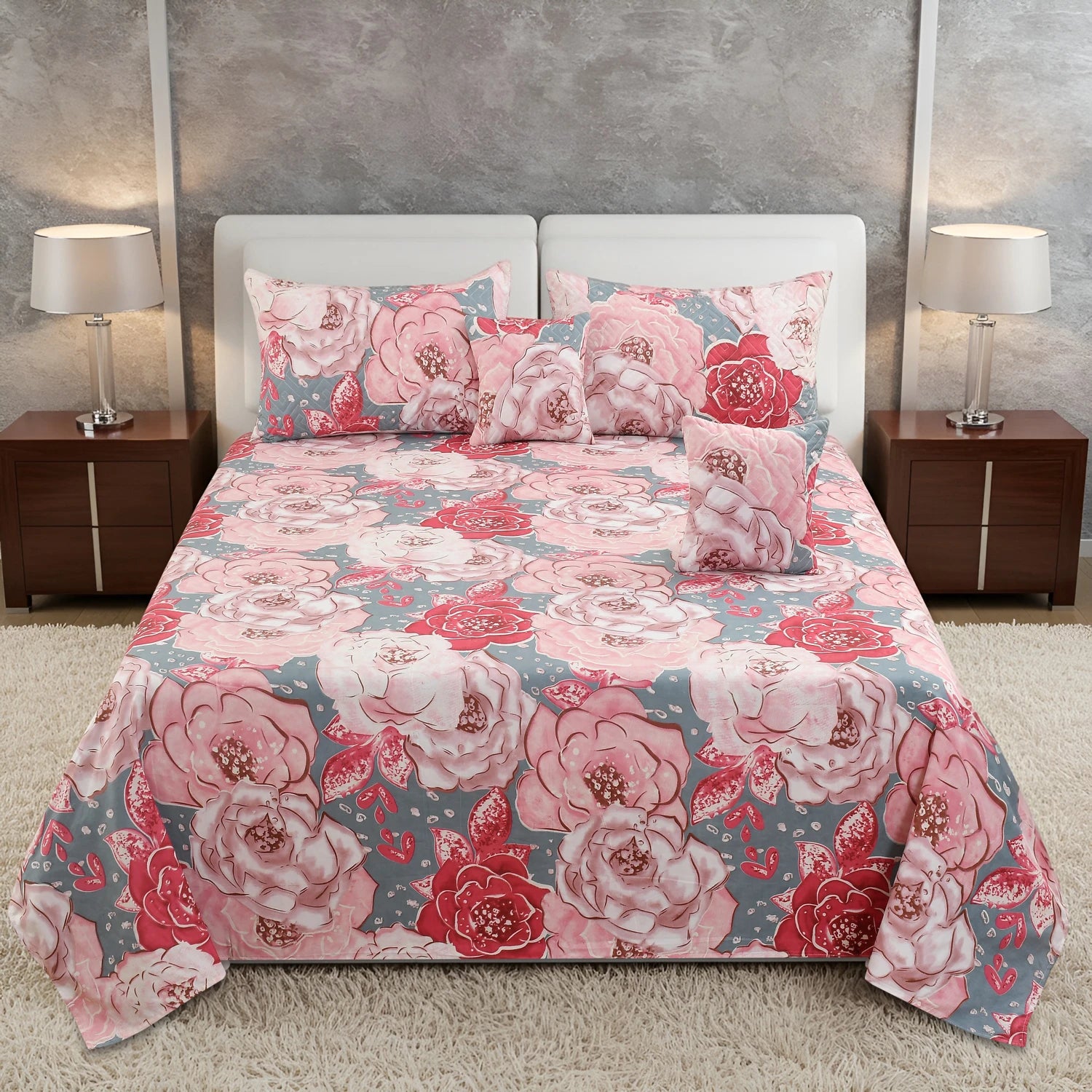 Roseatte - 5 Pieces - Quilted Bedding Set (90 x 90 inches)