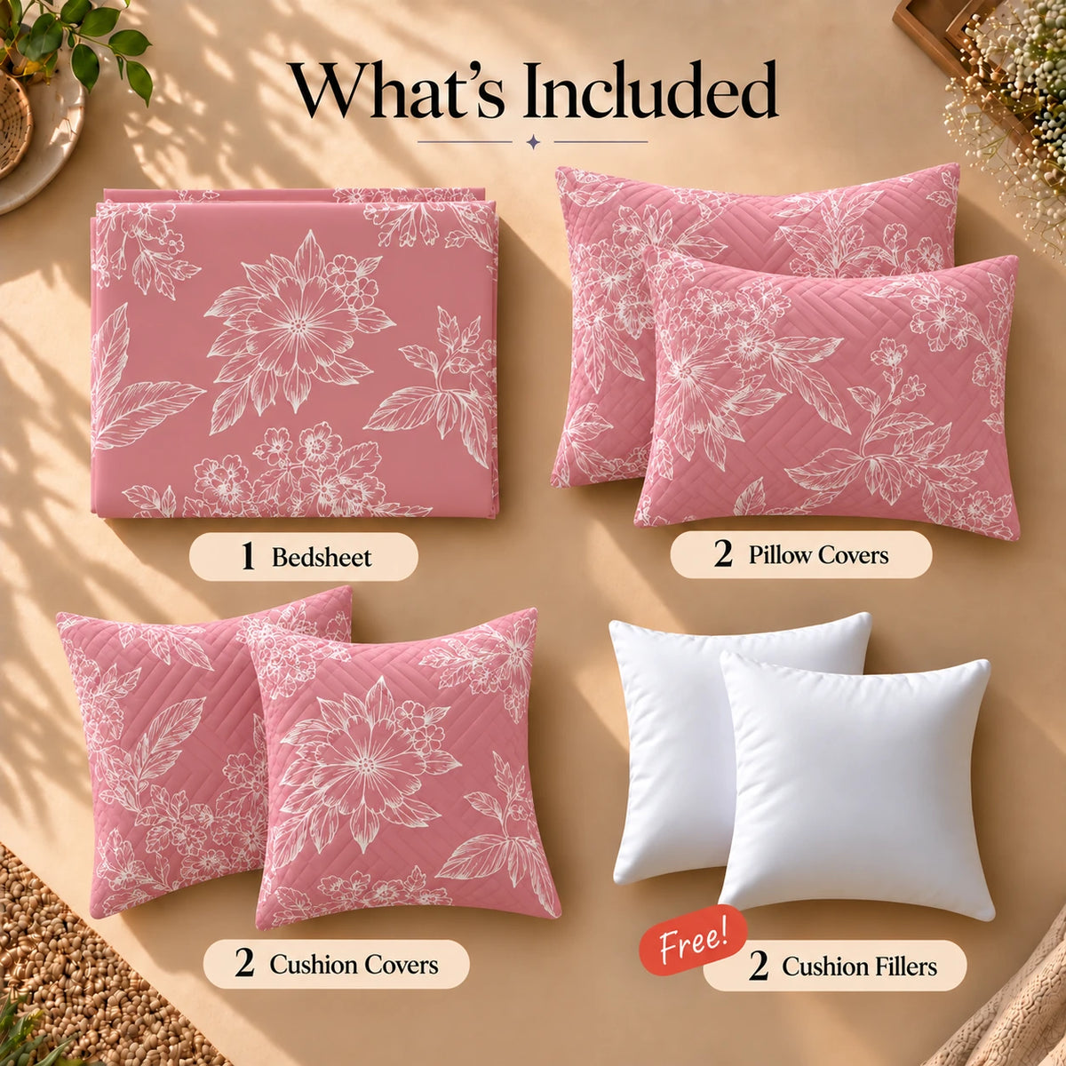 Sakura - 5 Pieces - Quilted Bedding Set (90 x 90 inches)
