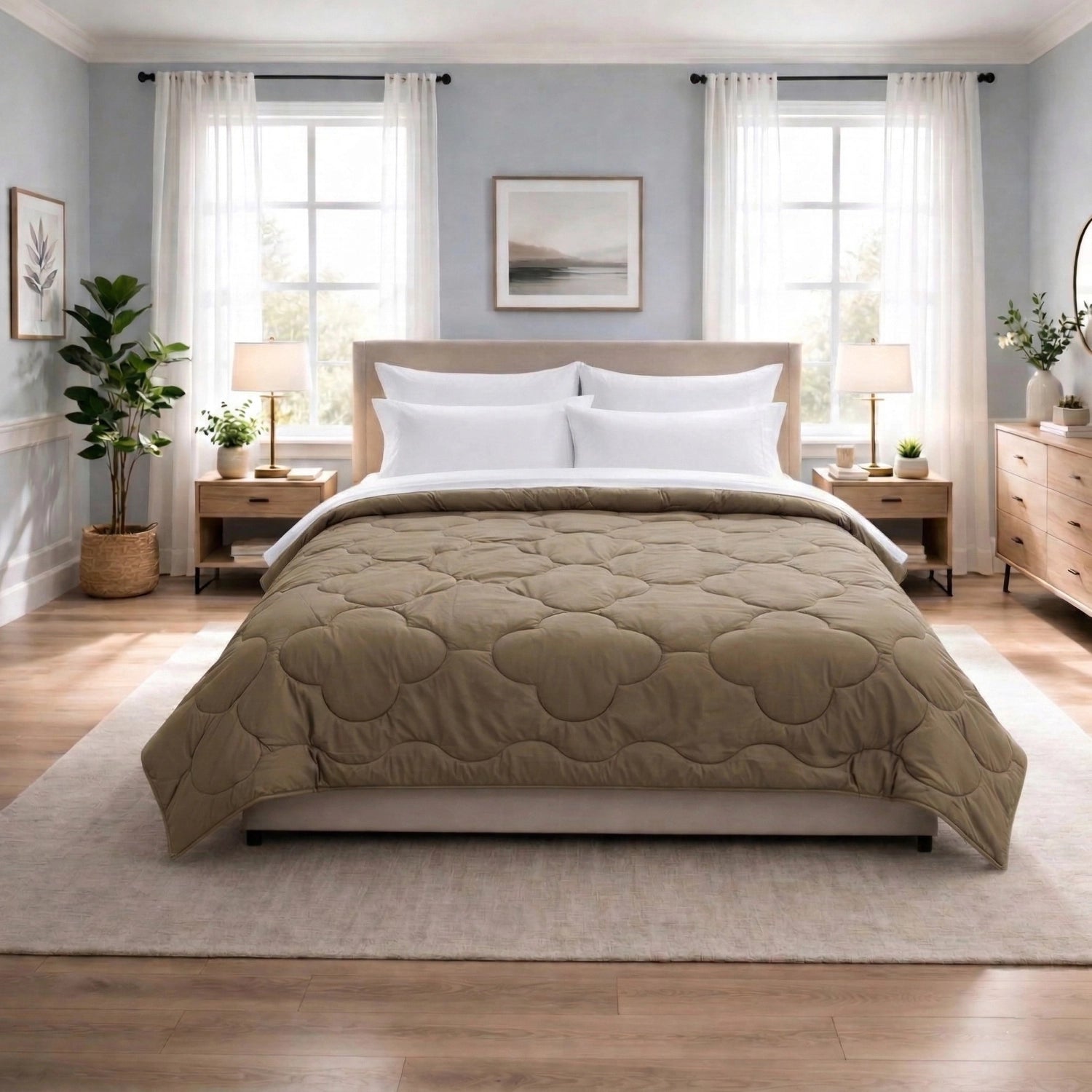 Sandstone and Silk clover quilt reversible comforter neatly arranged on double bed in sunlit bedroom