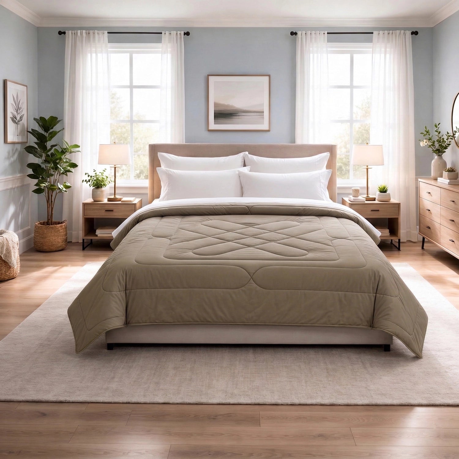 Sandstone and Silk diamond quilt reversible comforter covering double bed in bright bedroom interior