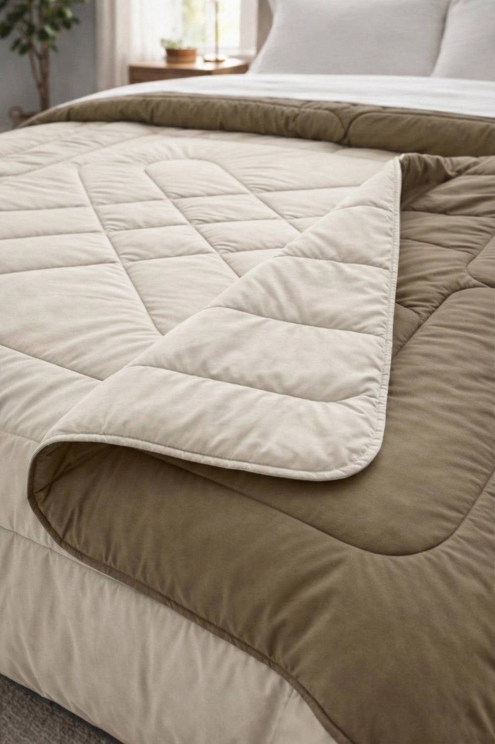 Folded edge of reversible comforter showing soft microfiber padding and stitched quilting layers