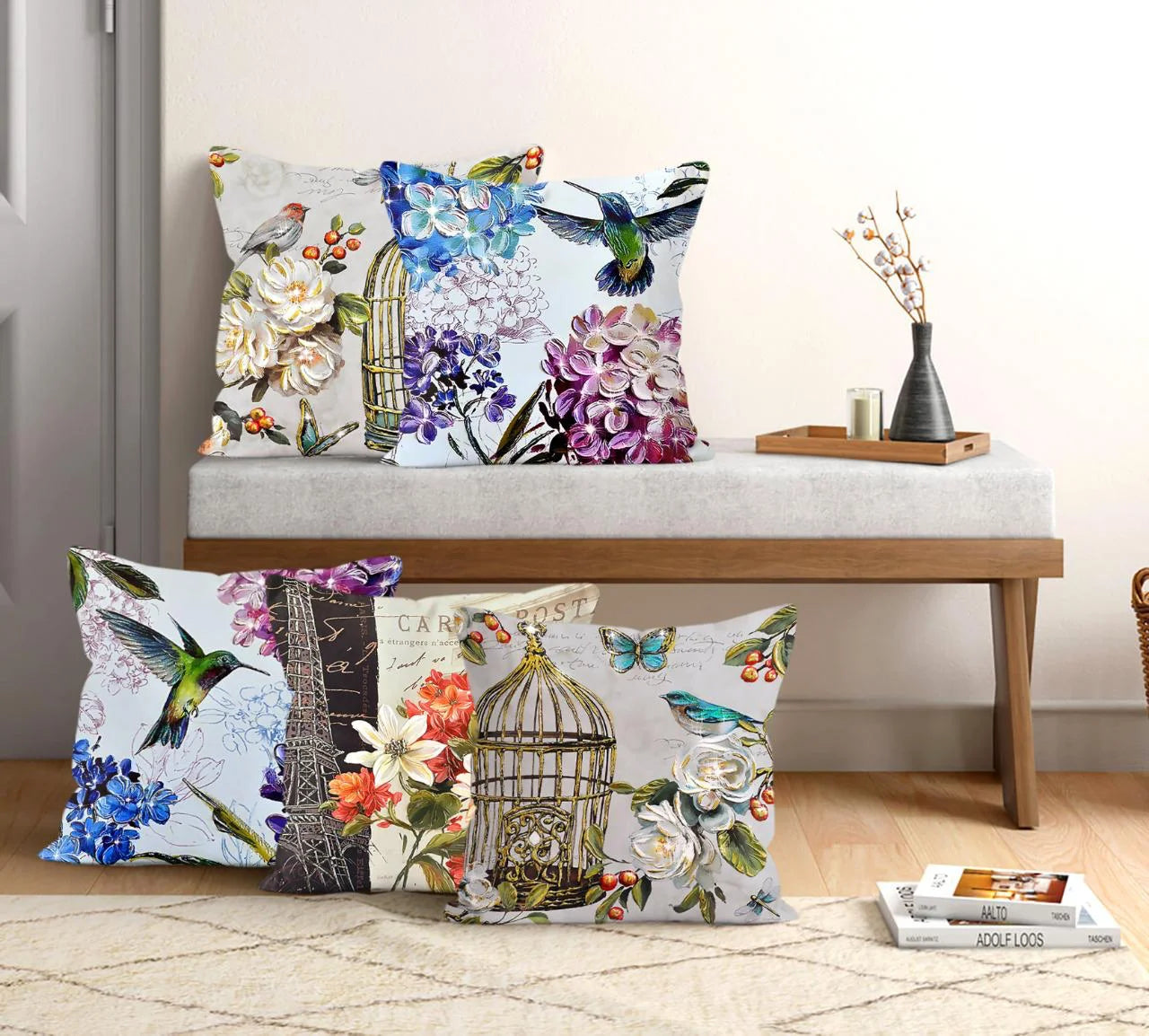 Satin Printed Cushion Covers (Set of 5) - Bird Cage