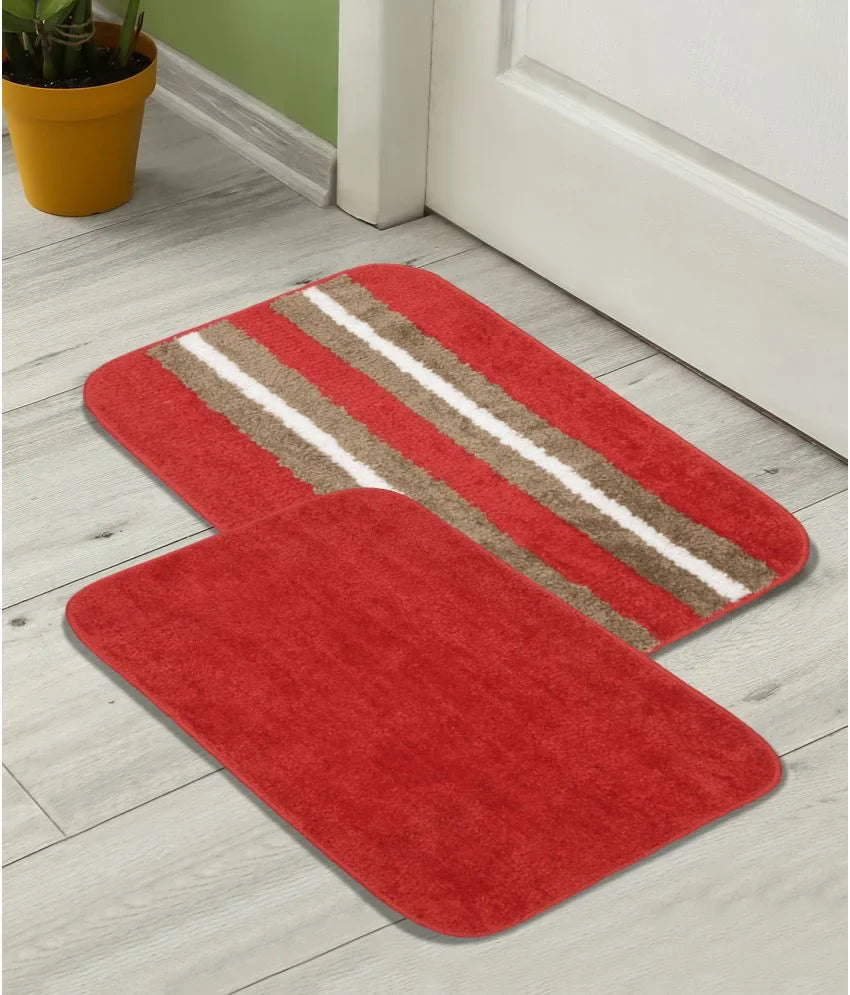 Solid & Striped Combo - Red Microfibre Doormat (Pack of 2)