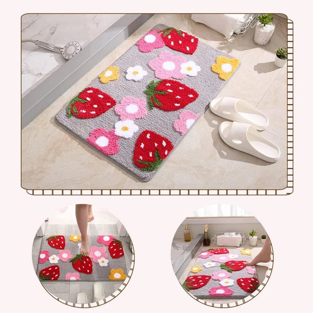 bathroom mats with strawberry and floral design showing usage and placement in modern bathroom