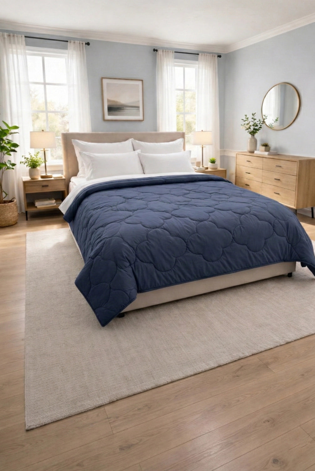 modern bedroom setup featuring a bed covered in a blue comforter with pillows and natural light
