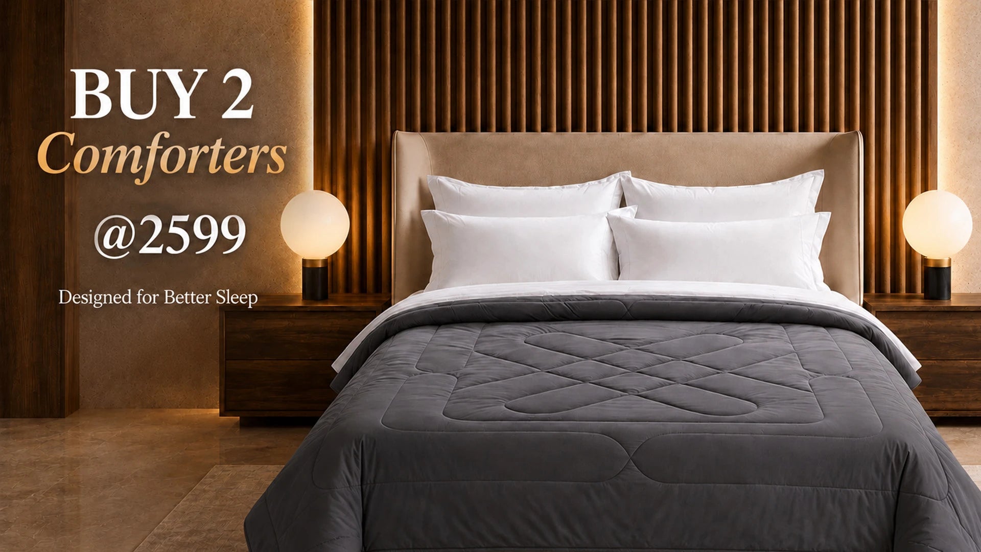 Buy 2 comforters at 2599 - dark grey quilted comforter on double bed designed for better sleep | Homio