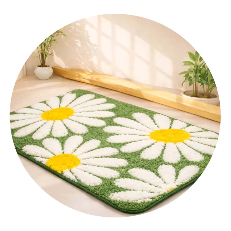Green daisy floral floor mat for home - soft indoor rug with white yellow pattern | Homio