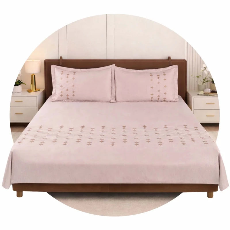 Pink floral pure cotton bedsheet with pillow covers styled on double bed | Homio